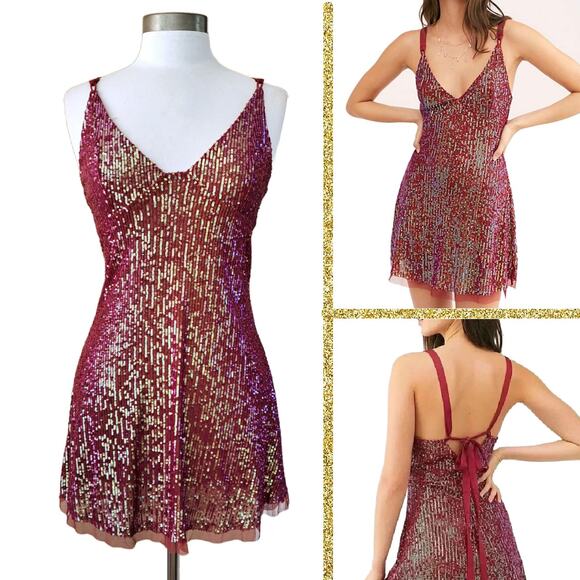 Free People Gold Rush Sequin Mini Dress in Wine Size Small Party Prom Mesh - Picture 1 of 12